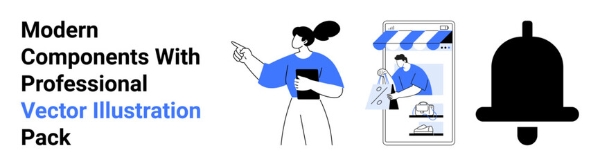 Woman pointing at a layout, mobile store design, shopping cart, and bell notification icon. Ideal for e-commerce, marketing strategy, online shopping, UIUX design, notifications branding flat