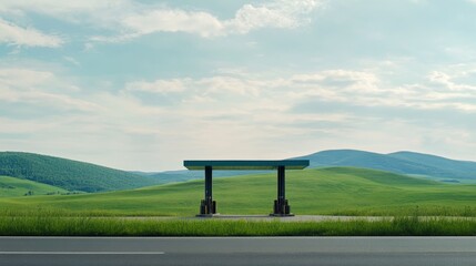 Toll booth on a highway surrounded by green meadows and gentle hills. Featuring peace and tranquility