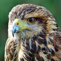 close-up of the head of a brown and white eagle