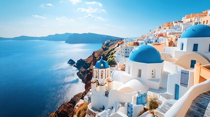 Naklejka premium Santorini Village View with Blue Domed Churches and Aegean Sea