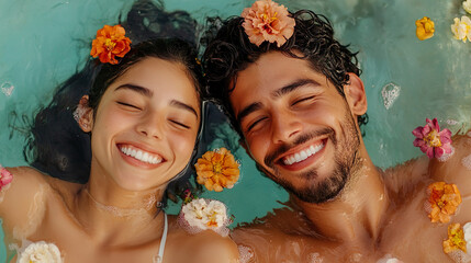 Happy young and attractive couple enjoying in pool water spending quality time together during summer holidays ai generated 
