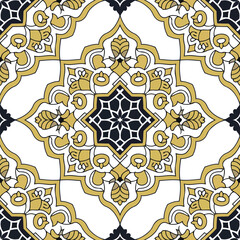 Ornate Decorative Tile Pattern in Gold and Black/A symmetrical, intricate tile pattern featuring a repeating design of gold and black elements against a light gray/off-white background.