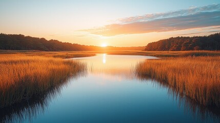 Fototapeta premium Sunset reflection over serene marshland coastal area nature photography peaceful environment wide angle tranquility