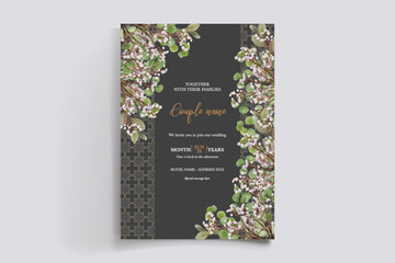 WEDDING INVITATION FRAME WITH FLOWER DECORATIONS AND FRESH LEAVES 