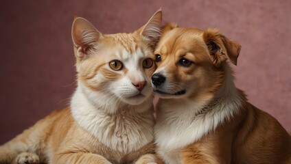 Cat and dog hugging each other on color background