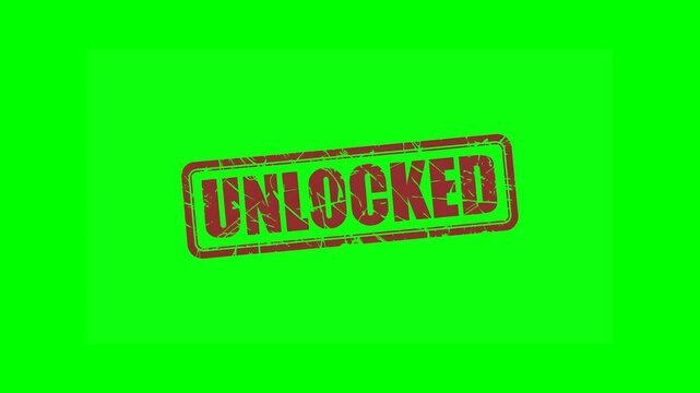 Animated "UNLOCKED" rubber stamp seal with bold red text, featuring a zoom and hit effect on a green screen background for security access, permissions granted and unrestricted content