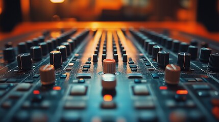 Fototapeta premium A close-up view of a mixing board with numerous knobs, sliders, and buttons, bathed in warm and cool lighting, suggesting a music production environment