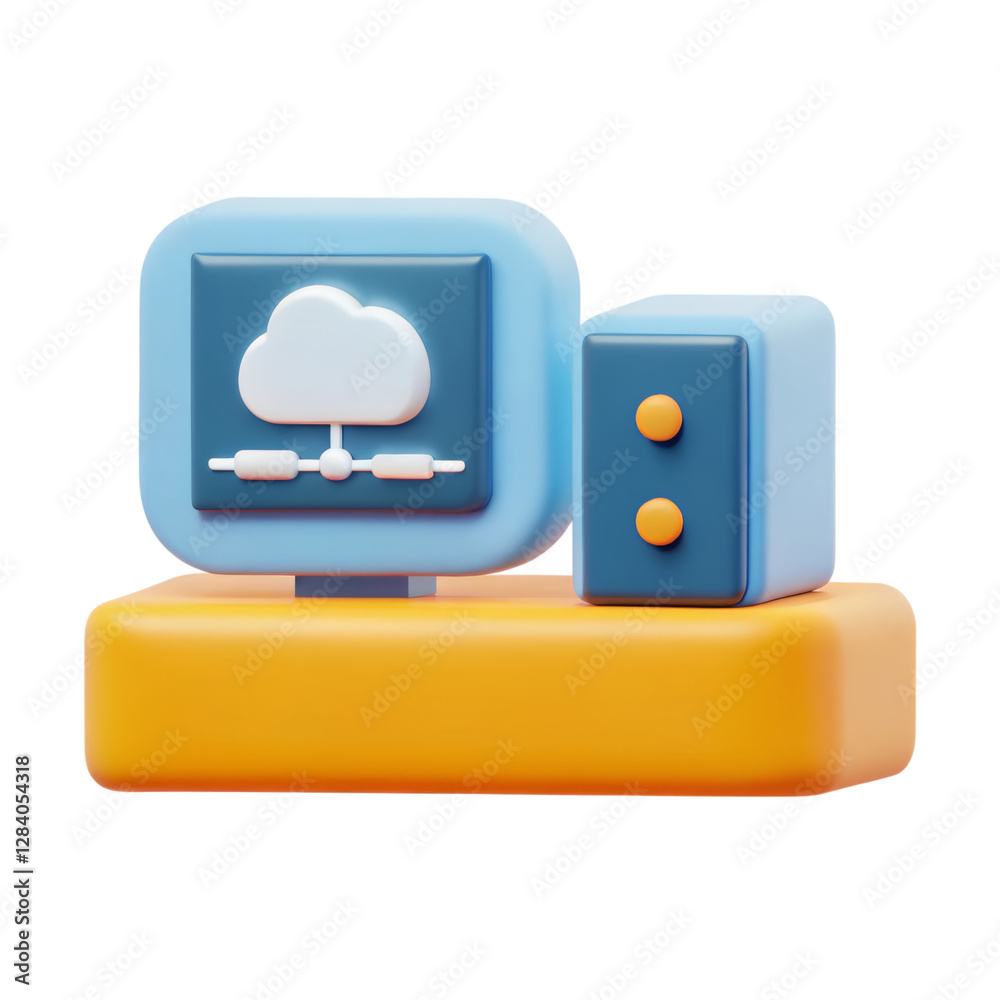 Poster a stylized 3d model of a computer displaying a cloud symbol, accompanied by a smaller rectangular de