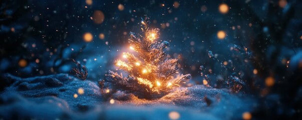 Naklejka premium Glowing christmas tree in snowy night forest with soft bokeh lights