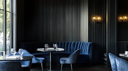 Upscale restaurant booth, city view, dark decor, fine dining