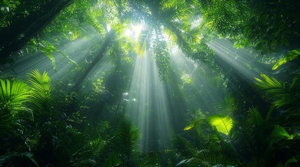 Sunlight filtering through dense jungle canopy tropical rainforest nature photography lush greenery natural beauty