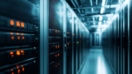 A futuristic data center hallway with illuminated server racks, showcasing advanced technology and a cool blue ambiance.