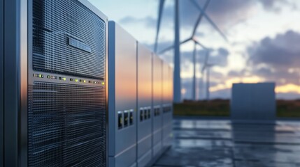A futuristic scene featuring data servers beside wind turbines, illuminated by a colorful sunset, symbolizing renewable energy and technology.
