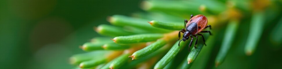 Small dark brown tick on a spruce needle with veins, picea, ixodes persulcatus, insect