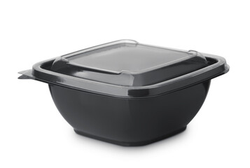 Black plastic disposable take out food container with clear lid