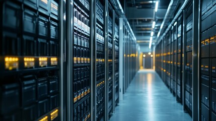 Fototapeta premium A high-tech data center corridor with rows of server racks illuminated by bright lights, showcasing a modern computing environment.