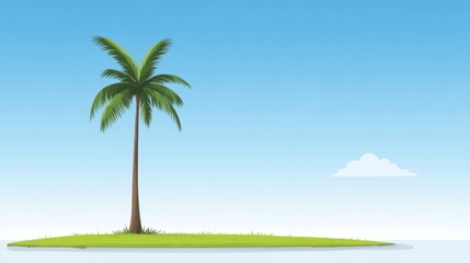Obraz premium A palm tree rises proudly from a tiny green island surrounded by calm water under a clear blue sky. A small white cloud floats lazily above, enhancing the tranquil atmosphere