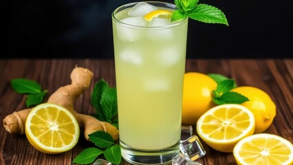 Fototapeta premium a refreshing ginger lemonade with ice cubes in a glass, surrounded by fresh ginger roots, lemon slices, and ice cubes on a wooden table with a dark background.