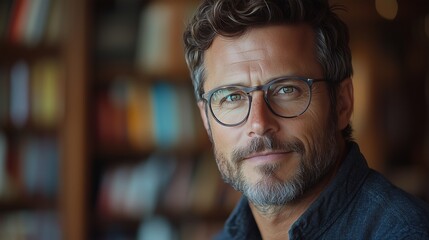 A close-up portrait of a man with glasses in a library setting, with shelves of books creating a scholarly and intellectual ambiance