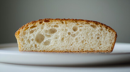 Sourdough slice: Crumb shot of an airy, crusty loaf against a gray backdrop. Freshly baked, rustic food.