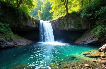 Serene waterfall cascading into a pristine turquoise pool in a lush forest setting
