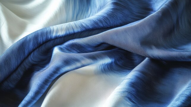 Indigo and white silk create a smooth, flowing tie-dye design. Nodular batik and shibori dyeing create unique, textured fabrics.