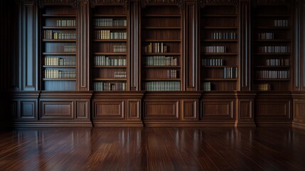 Dark wood library, bookshelves, floor, interior, study, research, knowledge, background