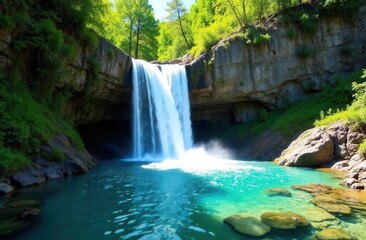Obraz premium Serene waterfall cascading into turquoise pool surrounded by lush greenery