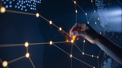 Hand highlights map locations. Expert selects key geographic areas. Digital map shows global connections. Global marketing strategy. Tech specialist plans online business growth. Data-driven