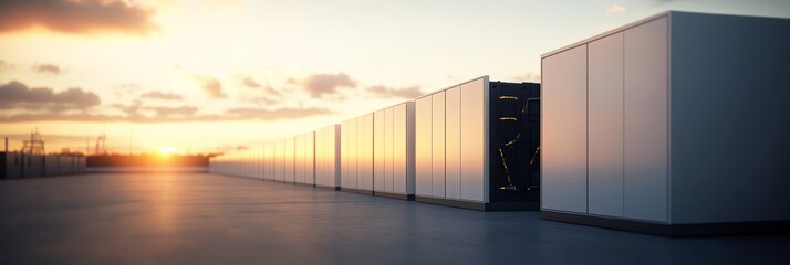A sleek row of storage containers or data servers stands against a vibrant sunset, showcasing modern technology in a serene landscape.