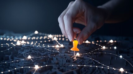 Hand highlights map locations. Expert selects key geographic areas. Digital map shows global connections. Global marketing strategy. Tech specialist plans online business growth. Data-driven