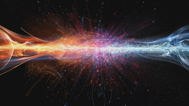 Cosmic Convergence: An abstract and mesmerizing portrayal of two energy forces colliding in a dynamic display of color and light against a stark black backdrop.
