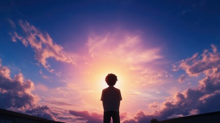 Obraz premium A young boy stands in silhouette, contemplating the breathtaking sunset as colorful clouds create a beautiful backdrop during dusk. The peaceful moment captures reflection and wonder