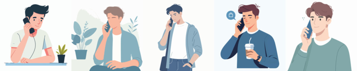 vector collection of young men on the phone