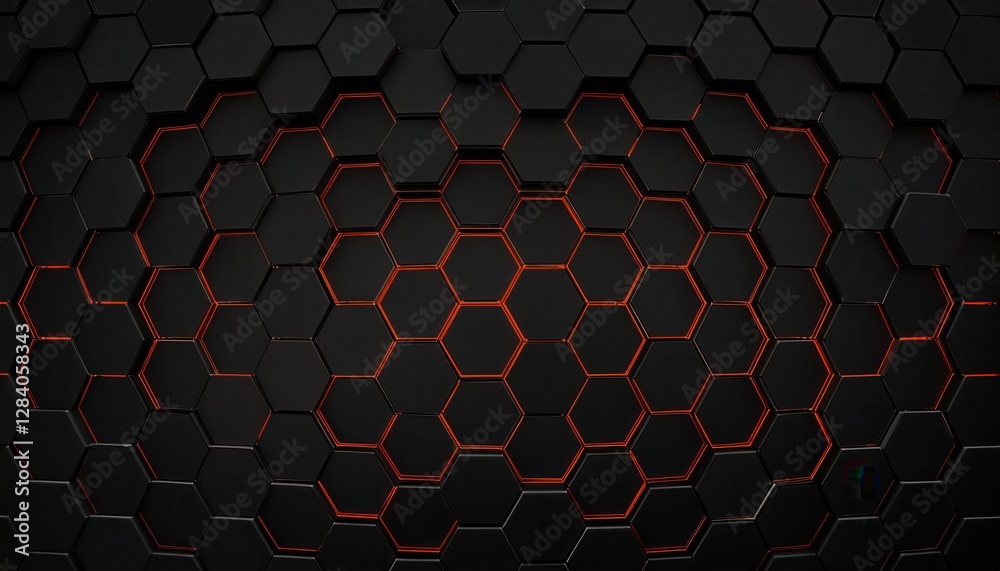 Poster futuristic hexagonal grid with glowing red elements, dark geometric background with 3d depth effect, perfect for tech designs