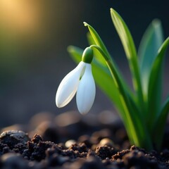 Snowdrop flower's white petals glisten on dark surface, nature, flower, petals
