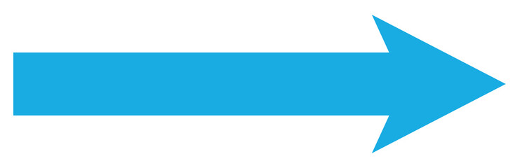 Blue long arrow pointing to the right. Straight long arrow icon, long arrow icon isolated on white background.