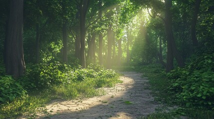 Sunlit forest path with lush greenery and dappled light through trees