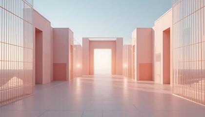 Modern minimalist architecture with soft pastel tones and open space showcasing a serene sunset view