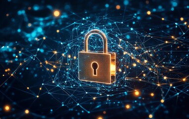 Secure digital lock surrounded by a complex network of glowing lines