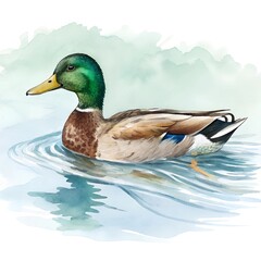Obraz premium Mallard duck on the water with watercolor isolated on white background