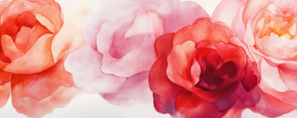Fototapeta premium Vibrant red and pink watercolor roses on white background