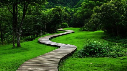 Fototapeta premium Winding Wooden Path Through Lush Green Summer Forest AI Generated