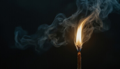 burning match flickers, emitting smoke and casting faint heat haze, capturing transience of fire