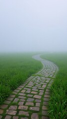 Obraz premium a serene scene featuring a cobblestone walkway curving through vibrant green grass, enveloped in soft, atmospheric fog
