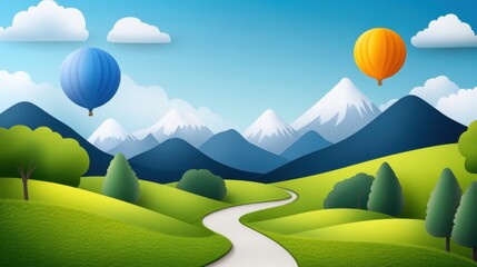 Colorful Hot Air Balloons Over Scenic Mountain Landscape