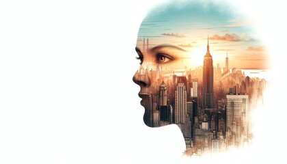 double exposure human face city skyline skyscrapers sunset transparent urban landscape blending metropolis silhouette architecture fantasy copy space