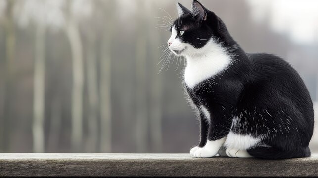 A black and white cat sits elegantly on a wooden ledge, gazing into the distance against a blurred natural backdrop. - Powered by Adobe