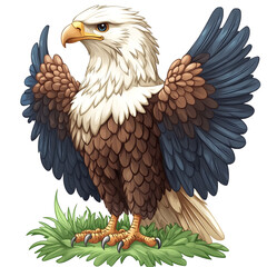 Naklejka premium A cartoon-style illustration of a bald eagle with its wings spread out.