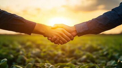 Handshake in Agricultural Field at Sunset